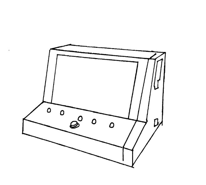 Line sketch of the cabinet: a tilted screen with five LED holes and a button on the front panel