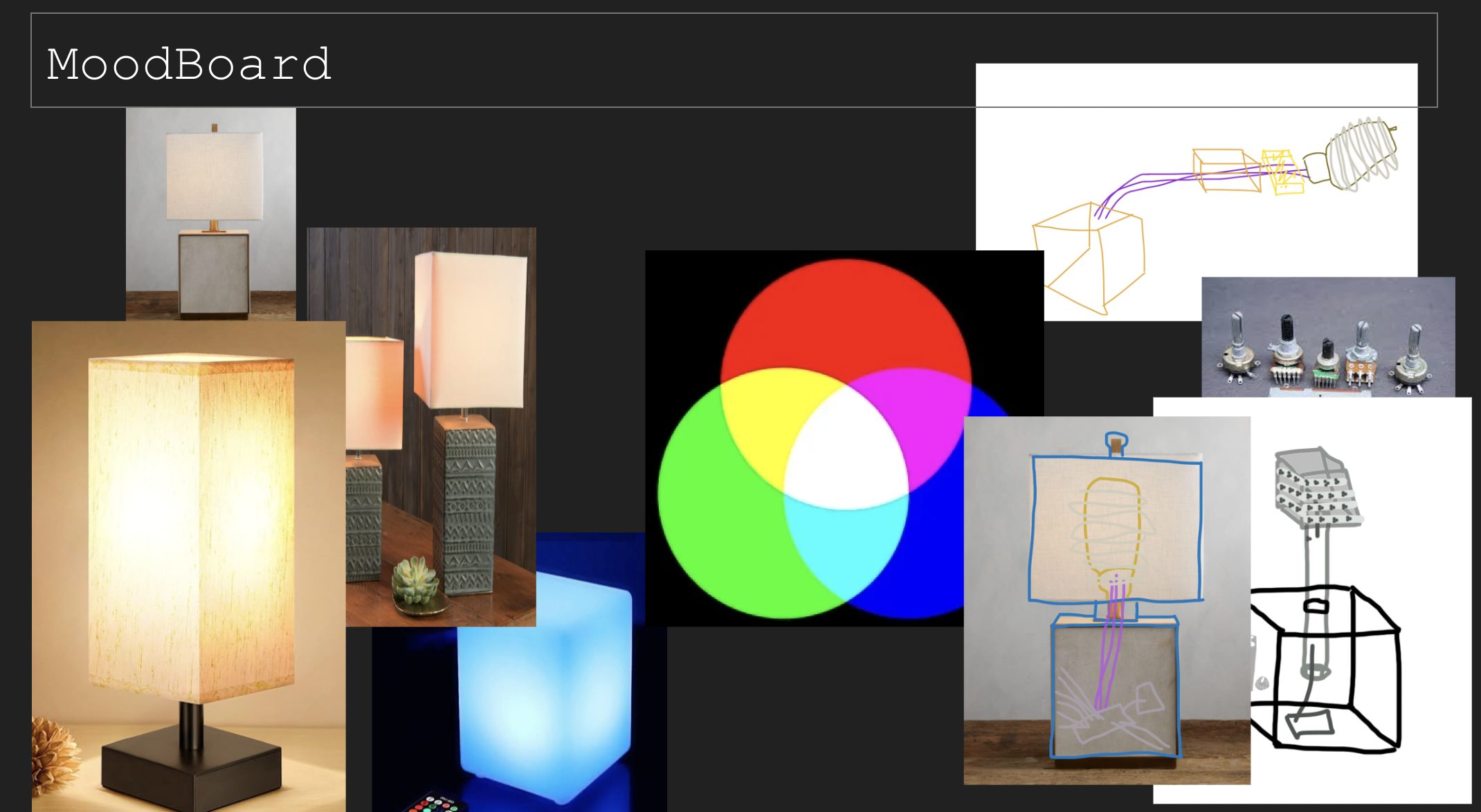 Moodboard of table lamps, a glowing cube light, an RGB color wheel, potentiometers, and hand sketches of the lamp