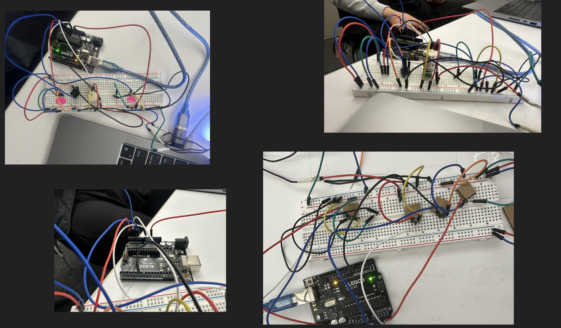 Build photos: the wiring, fitting the LED strip into the black box, the inside of the cardboard base, and the LED strip lit purple