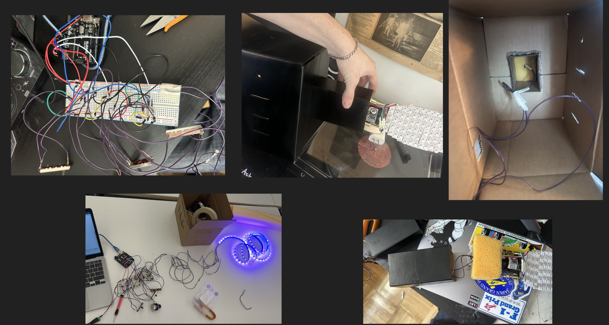 Four photos of breadboard prototypes with jumper wires, potentiometers and an Arduino Uno